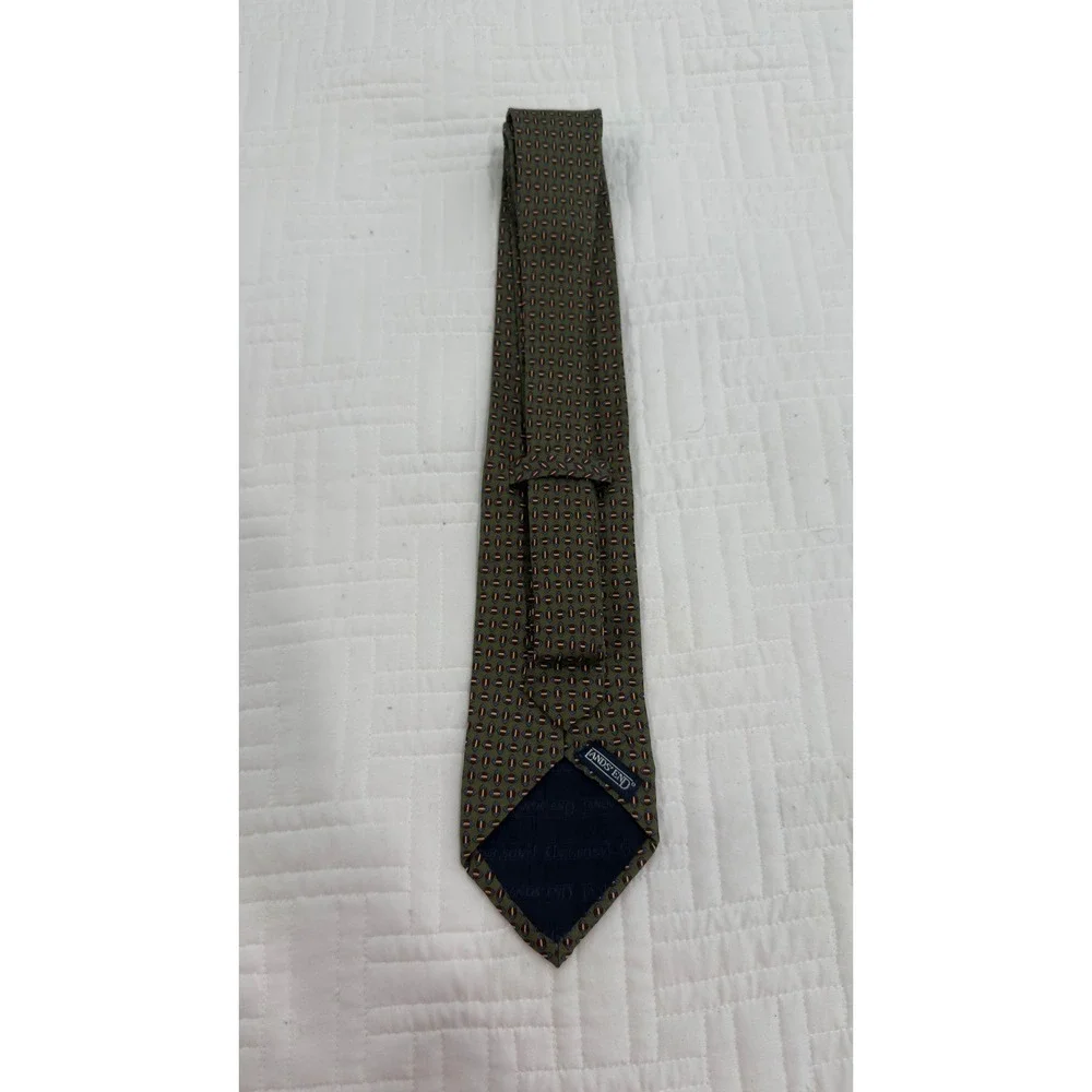 Lands' End‎ Mens Silk Tie Green Geometric Medallion Handsewn USA Long Necktie